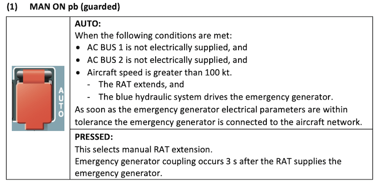 A320 Emergency Electrical Power - MAN ON